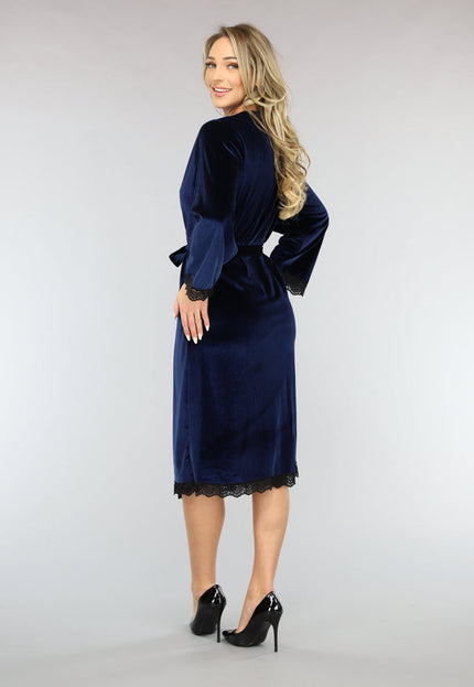 NEW3101 Velvet Kimono in Navy met Kant