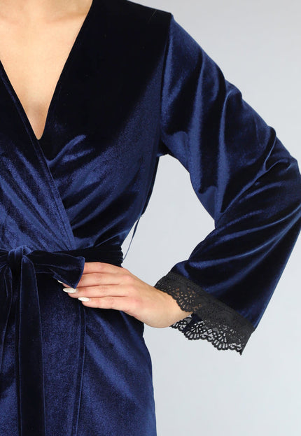 NEW3101 Velvet Kimono in Navy met Kant