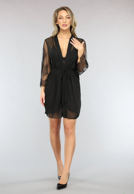 NEW3101 Zwarte Driedelige Kanten Slipdress Set