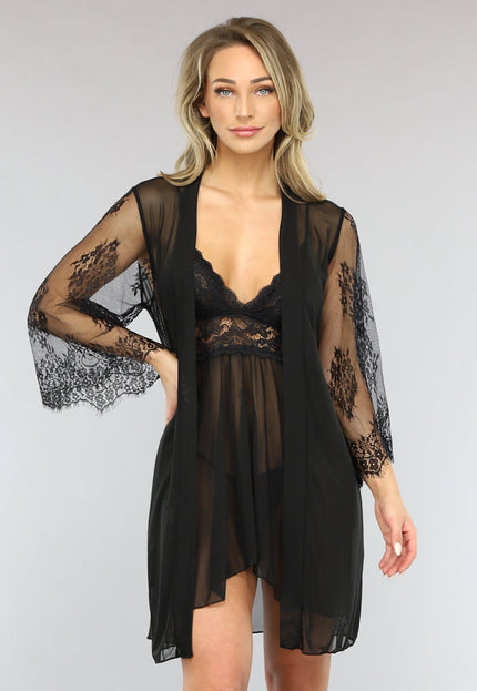 NEW3101 Zwarte Driedelige Kanten Slipdress Set