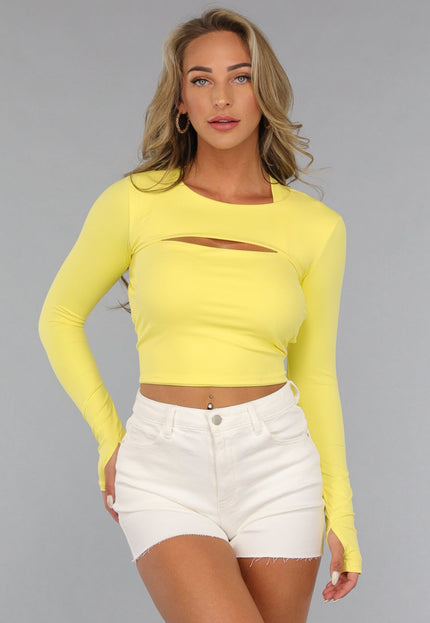 NEW3107 Cropped Gele Lange Mouwen Top