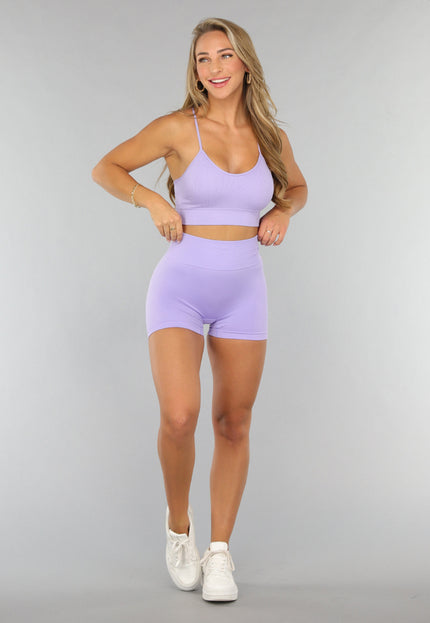 NEW3107 Korte Lila Yoga Set met Gekruist Rug Detail