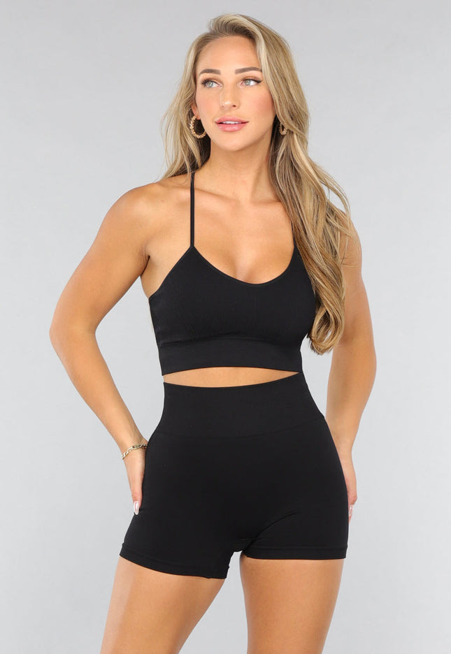 NEW3107 Korte Zwarte Fitness Set met Gekruiste Rug