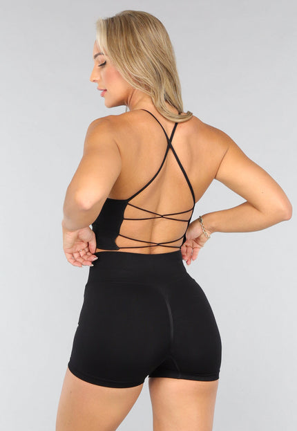 NEW3107 Korte Zwarte Fitness Set met Gekruiste Rug