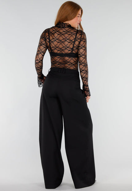Schwarzes Metallic Spitzentop mit Stehkragen
