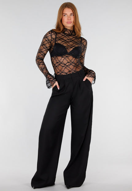 Schwarzes Metallic Spitzentop mit Stehkragen