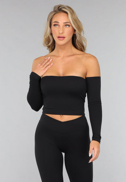 Off Shoulder Top met Lange Mouwen in Zwart