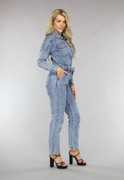 OP=OP.! Acid Washed Denim Jumpsuit met Lange Mouwen