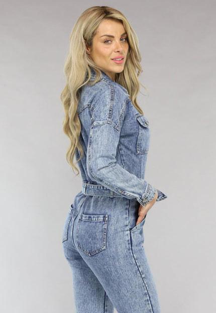 OP=OP.! Acid Washed Denim Jumpsuit met Lange Mouwen