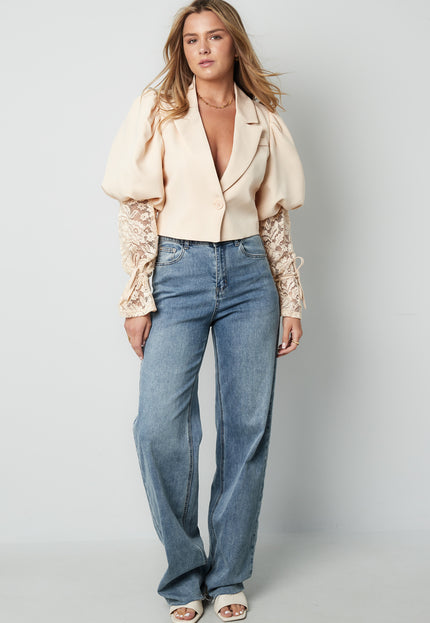 OP=OP.! Beige Cropped Blazer met Kantdetails