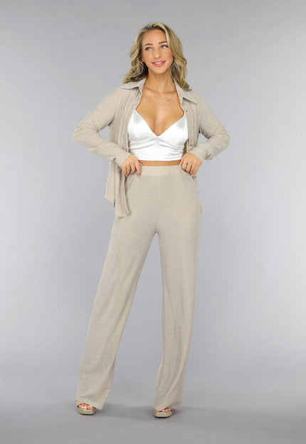 OP=OP.! Beige Elastische Glitter Broek