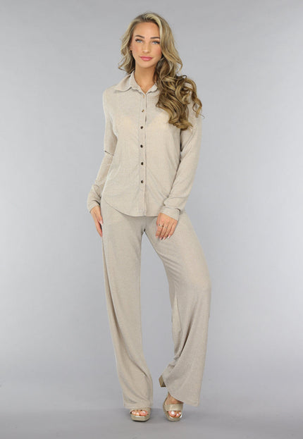 OP=OP.! Beige Elastische Glitter Broek