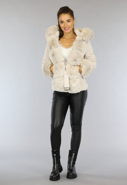 OP=OP.! Beige Gewatteerde Winterjas met Bont en Riem