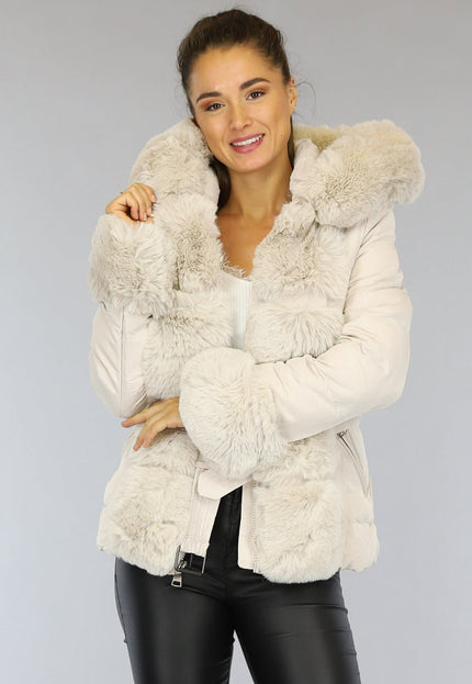 OP=OP.! Beige Gewatteerde Winterjas met Bont en Riem