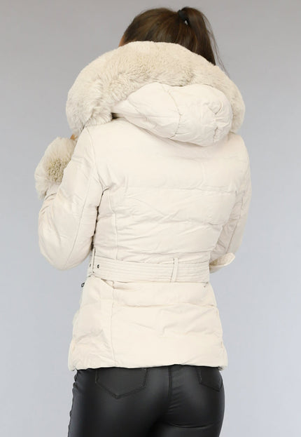 OP=OP.! Beige Gewatteerde Winterjas met Bont en Riem