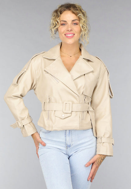 OP=OP.! Beige Lederlook Jack met Riempjes