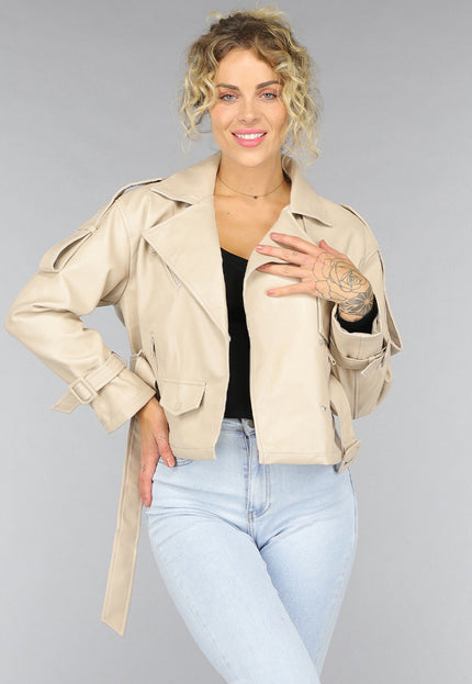 OP=OP.! Beige Lederlook Jack met Riempjes