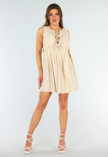 OP=OP.! Beige Linnenlook Mouwloos Jurkje met Striksluiting