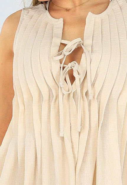 OP=OP.! Beige Linnenlook Mouwloos Jurkje met Striksluiting