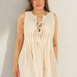OP=OP! Beige Linnenlook Mouwloos Jurkje met Striksluiting