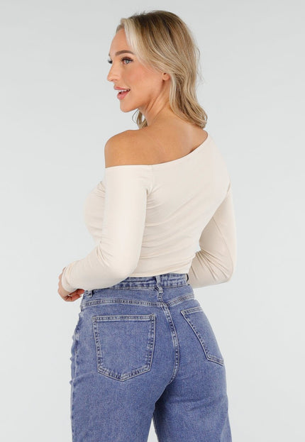OP=OP.! Beige One Shoulder Top met Stretch