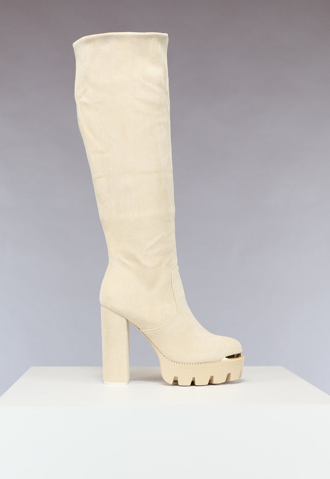 OP=OP.! Beige Plateau Knielaarzen met Gouden Details