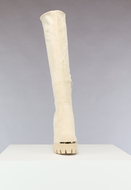 OP=OP.! Beige Plateau Knielaarzen met Gouden Details