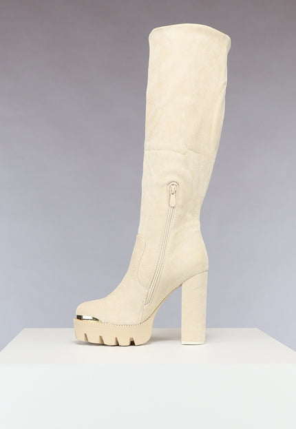 OP=OP.! Beige Plateau Knielaarzen met Gouden Details