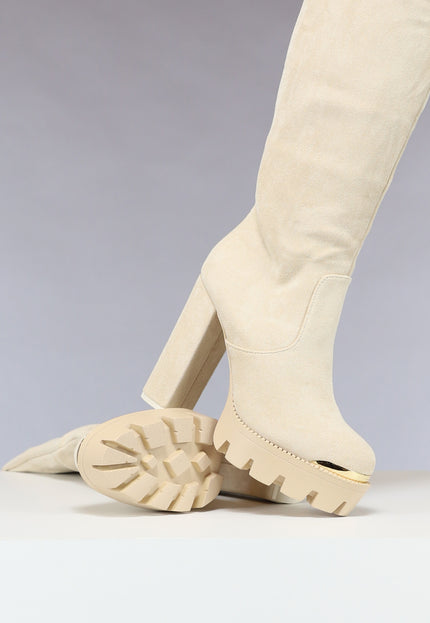 OP=OP.! Beige Plateau Knielaarzen met Gouden Details