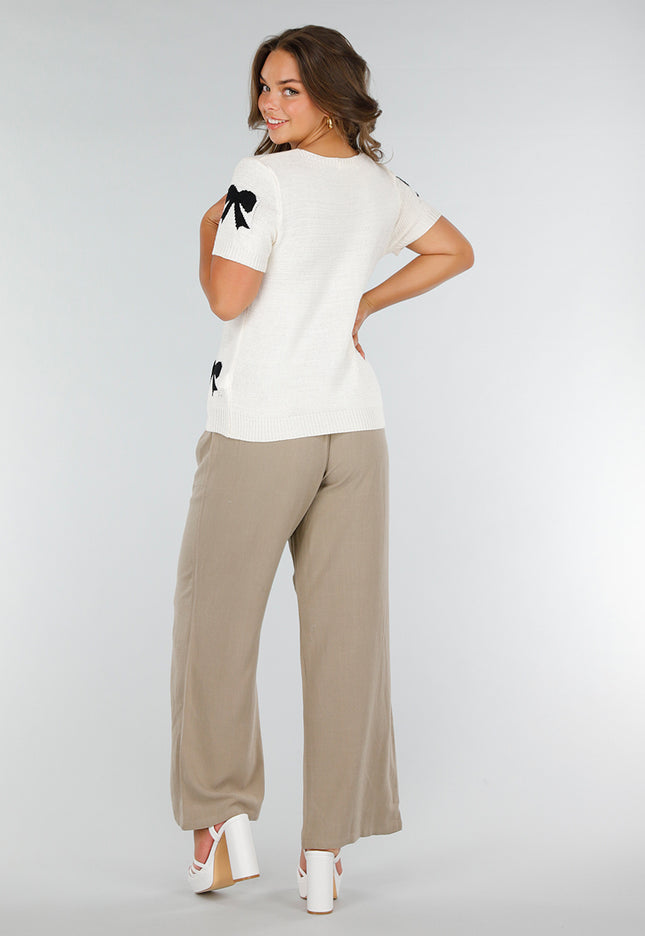 OP=OP.! Crème Stretch Top met Striksluiting en Korte Mouwen