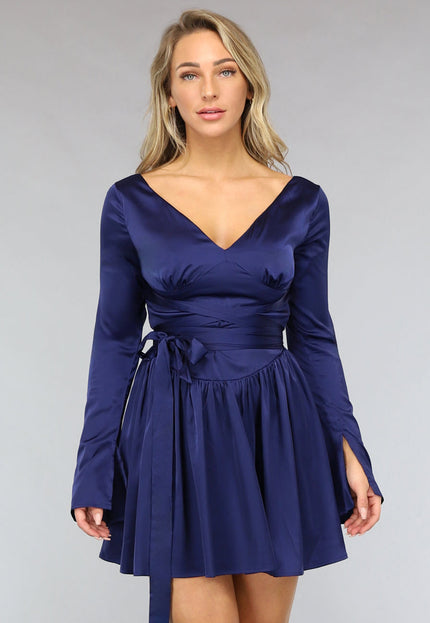 OP=OP.! Donkerblauwe Satin Look Skater Jurk
