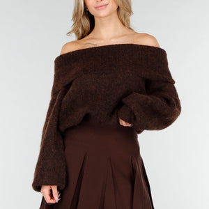 OP=OP.! Donkerbruine Off Shoulder Trui met Wol