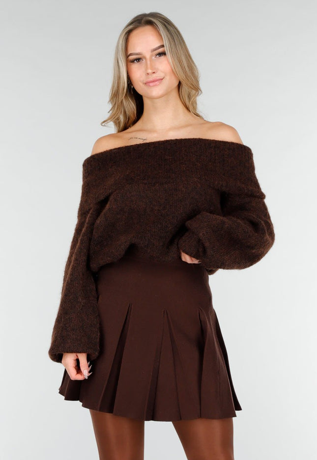 OP=OP.! Donkerbruine Off Shoulder Trui met Wol
