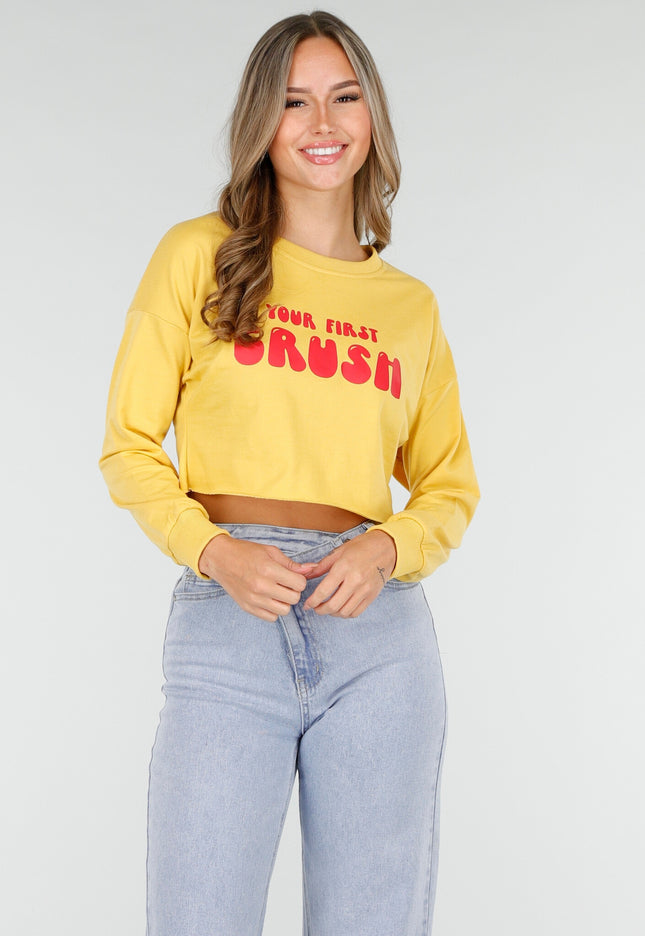 OP=OP.! Gele Crop Top met Tekstprint