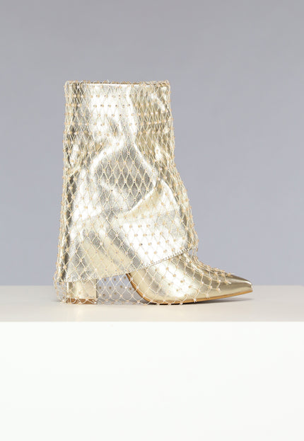 OP=OP.! Gouden Overslag Boots met Fishnet Strass
