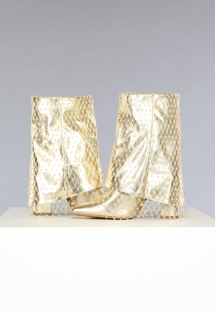 OP=OP.! Gouden Overslag Boots met Fishnet Strass