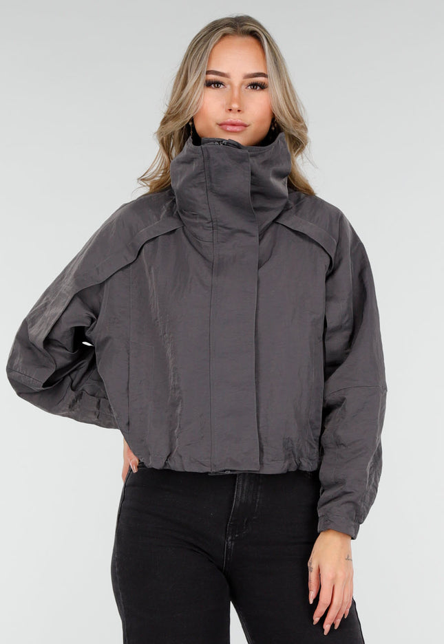 OP=OP.! Grijze Cropped Jas met Hoge Kraag