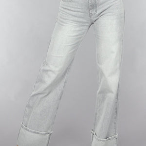 OP=OP.! Grijze Mid Waist Omgeslagen Straight Leg Jeans