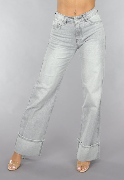 OP=OP.! Grijze Mid Waist Omgeslagen Straight Leg Jeans