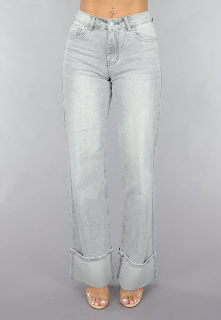 OP=OP.! Grijze Mid Waist Omgeslagen Straight Leg Jeans