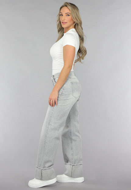 OP=OP.! Grijze Mid Waist Omgeslagen Straight Leg Jeans