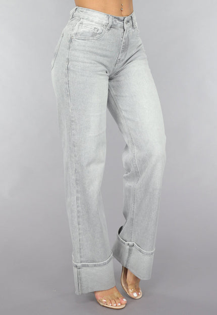 OP=OP.! Grijze Mid Waist Omgeslagen Straight Leg Jeans