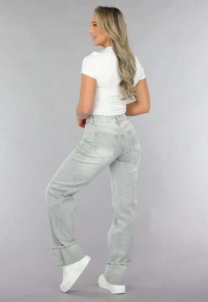 OP=OP.! Grijze Mid Waist Omgeslagen Straight Leg Jeans