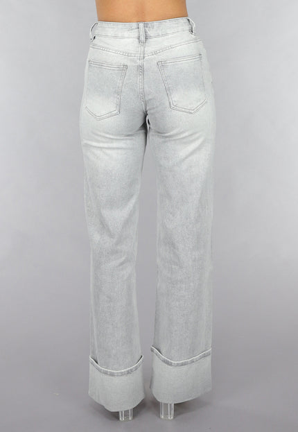 OP=OP.! Grijze Mid Waist Omgeslagen Straight Leg Jeans