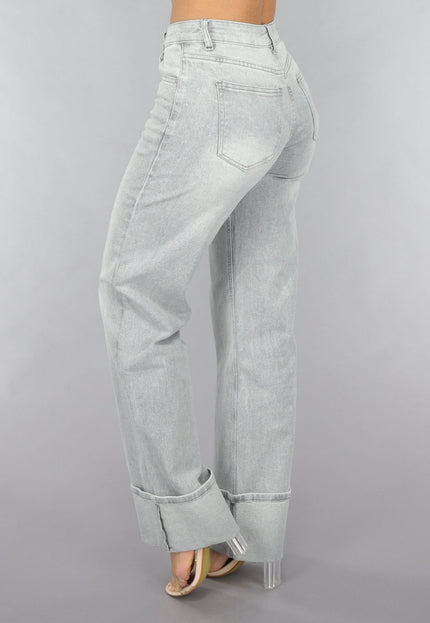 OP=OP.! Grijze Mid Waist Omgeslagen Straight Leg Jeans