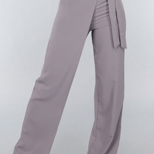OP=OP.! Grijze Pantalon met Wijde Pijpen en Strikdetail