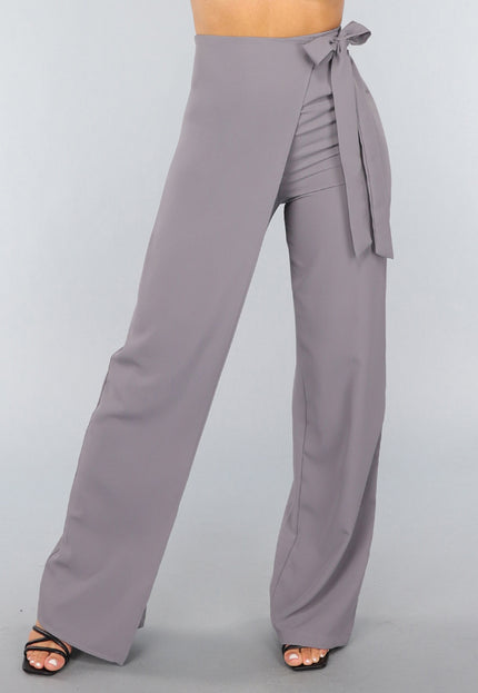 OP=OP.! Grijze Pantalon met Wijde Pijpen en Strikdetail