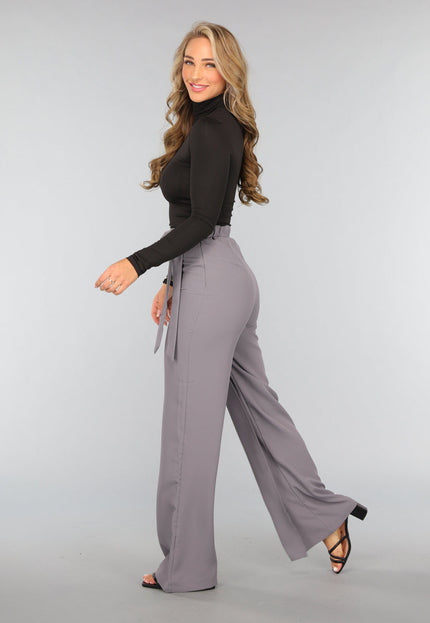OP=OP.! Grijze Pantalon met Wijde Pijpen en Strikdetail