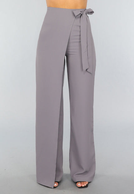 OP=OP.! Grijze Pantalon met Wijde Pijpen en Strikdetail