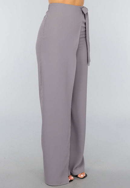 OP=OP.! Grijze Pantalon met Wijde Pijpen en Strikdetail